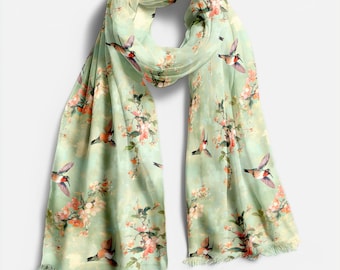 Hummingbird Floral Pashmina Scarf, Spring Blossom Shawl, Lightweight Oversized Wrap