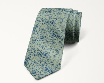 Light Sage Green And Navy Floral Tie, Dusty Sage Wedding Tie, Groomsmen Neck Tie