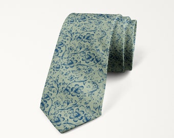 Light Dusty Sage Navy Floral Wedding Tie Groomsmen Neck Tie Father of the Bride Tie Groom Necktie Printed Novelty Tie Floral Tie for Men