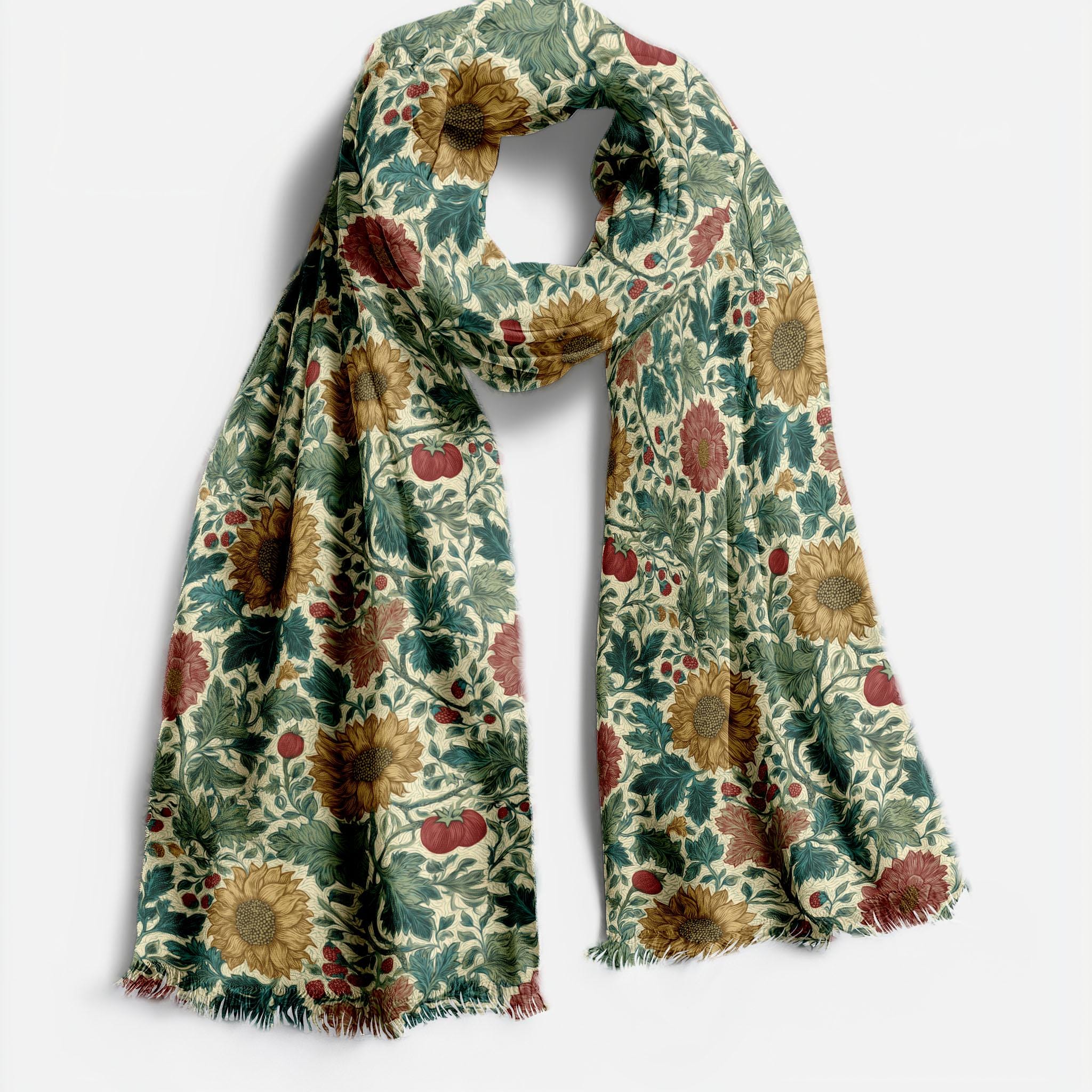 Sciarpa In Seta Fox & Chave – William Morris Daffodil – Floreale Blu E Rosa – Fatta A Mano