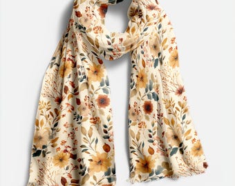 Autumn Floral Scarf Wildflower Print Shawl Pashmina Wrap Lightweight Fall Accessory Boho Style Fashion Scarf Gift For Her