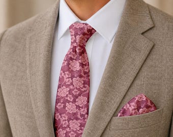 Corbata floral Chianti, corbata botánica rosa empolvado, ropa masculina artística, ropa formal romántica rosa vintage