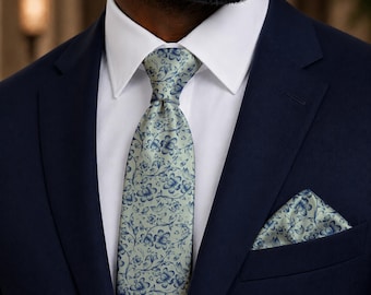 Sage Green Floral Tie, Warm Dusty Sage Necktie, Navy Suit Accent, Garden Party Accessory, Artistic Menswear