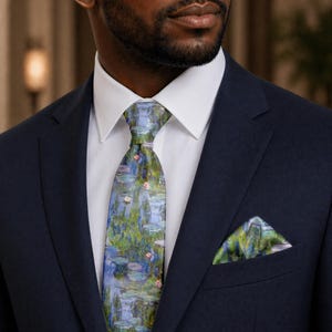 May include: A navy blue suit with a white dress shirt. The tie and pocket square feature a water lily painting in shades of blue, green, and pink. The tie is knotted and the pocket square is neatly folded.