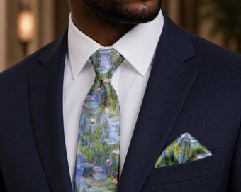Corbata con nenúfares de Claude Monet, corbata de arte impresionista, ropa artística para hombre, regalo de museo para él
