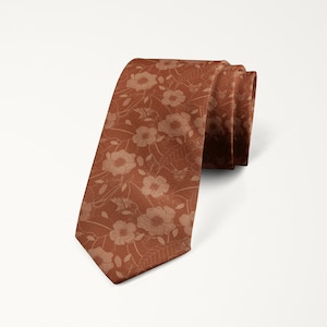 English Rose Sedona Sunset Tie, Terracotta Rust Floral Wedding Tie, Groomsmen Necktie