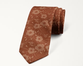 English Rose Sedona Sunset Tie, Terracotta Rust Floral Wedding Tie, Groomsmen Necktie