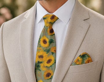 Sunflower Necktie, Monet Wearable Art, Impressionist Tie, Artistic Menswear, Museum Gift for Him