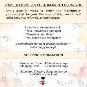 May include: A cream-colored graphic with text that reads "MADE TO ORDER & CUSTOM PRINTED FOR YOU." It also includes information about returns, refunds, and exchanges, as well as shipping details. The Tie Vibes logo is at the bottom.