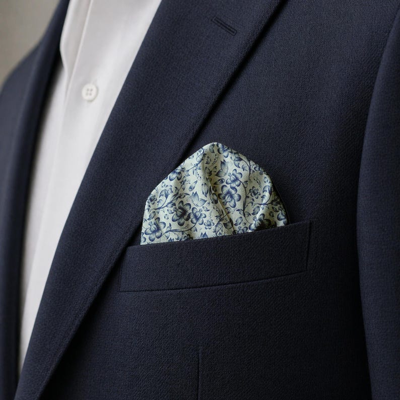 May include: A navy blue blazer with a white dress shirt and a floral pocket square. The pocket square features a light blue background with a dark blue floral pattern. The blazer's pocket holds the folded square.