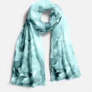 Teal Botanical Pashmina Scarf, Abstract Leaf Shawl, Lightweight Oversized Wrap