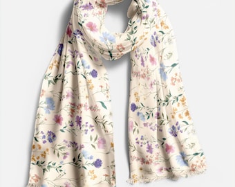 Wildflower Botanical Scarf, Cream Floral Pashmina Wrap, Garden Meadow Shawl Gift for Her