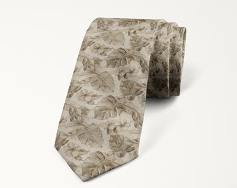 Beige Champagne Biscotti Tropical Tie, Hawaiian Wedding Tie, Beach Wedding Groom and Groomsmen Accessories