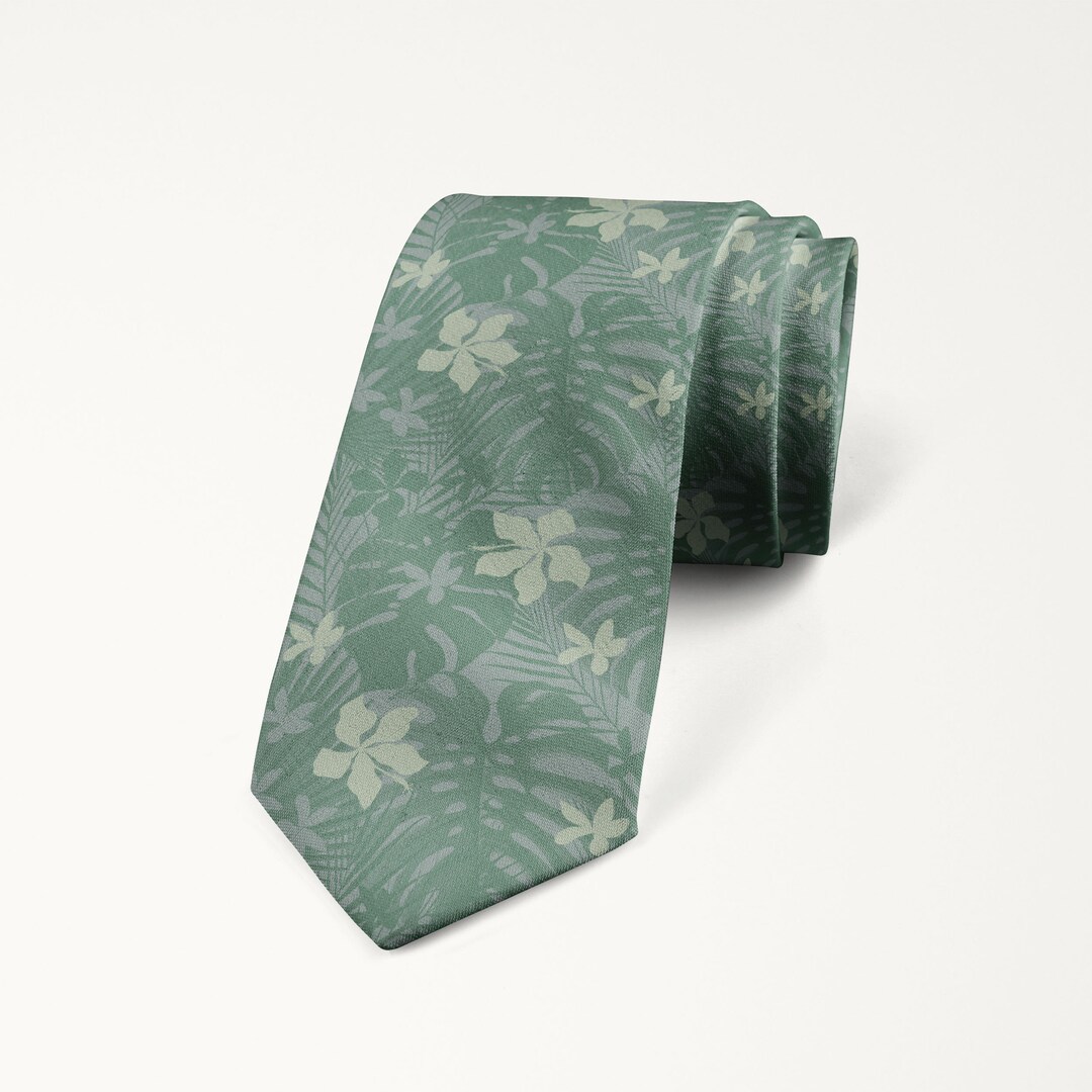 Eucalyptus Agave Dusty Sage Green Floral Tie, Tropical Hawaii Beach
