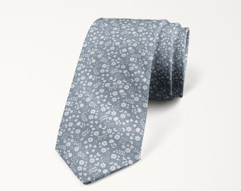 Dusty Blue and White Tie, Pale Blue Ditsy Floral Pattern Tie, Light Blue Necktie, Floral Wedding Tie, Groom And Groomsmen Accessories
