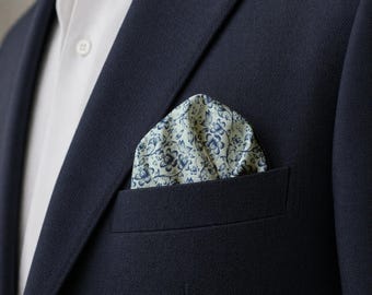 Dusty Sage Navy Floral Pocket Square, Botanical Handkerchief, Elegant Menswear Accent, Formal Suit Style