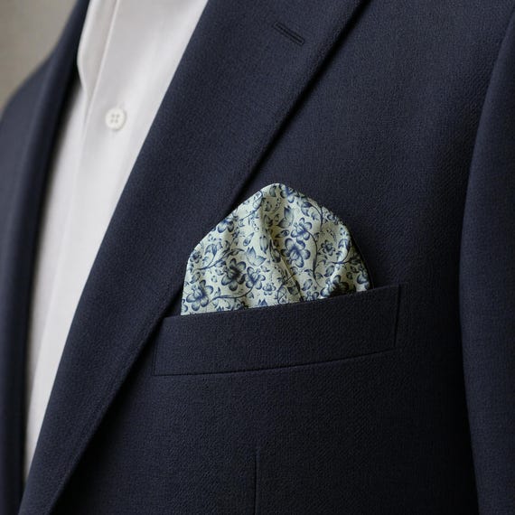 Dusty Sage Navy Floral Pocket Square, Botanical Handkerchief, Elegant Menswear Accent, Formal Suit Style