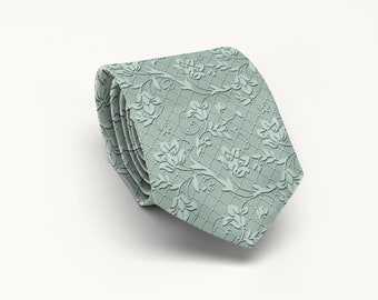 Dusty Sage Floral Tie,  Sage Green Necktie, Floral Wedding Tie, Lace Print Tie, Groomsmen Necktie