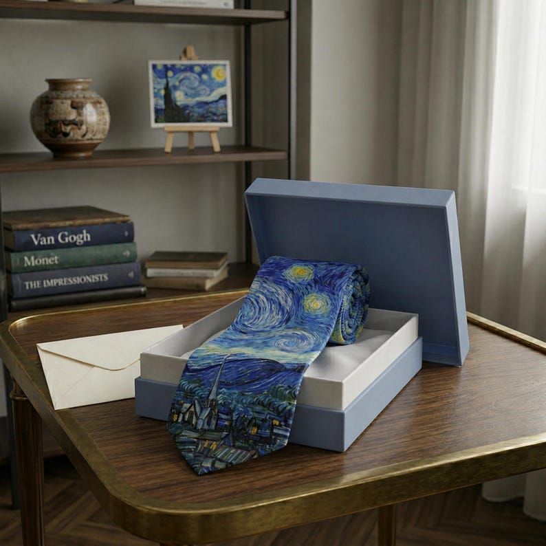 K&ouml;nnte beinhalten: Eine blaue Krawatte mit Van Goghs Gem&auml;lde "Sternennacht", pr&auml;sentiert in einer blauen Geschenkbox. Die Krawatte ist gerollt und auf einem Holztisch ausgestellt, mit einem kleinen Gem&auml;lde desselben Kunstwerks im Hintergrund.
