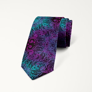 Purple Turquoise Floral Wedding Tie Purple Mandala Art Abstract Tie Groomsmen Neck Tie Groom Necktie Violet Prom Tie Mens Purple Tie