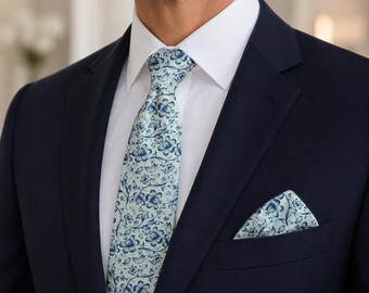 Dusty Sage Navy Floral Tie, Soft Mint Botanical Necktie, Elegant Menswear, Garden Party Style