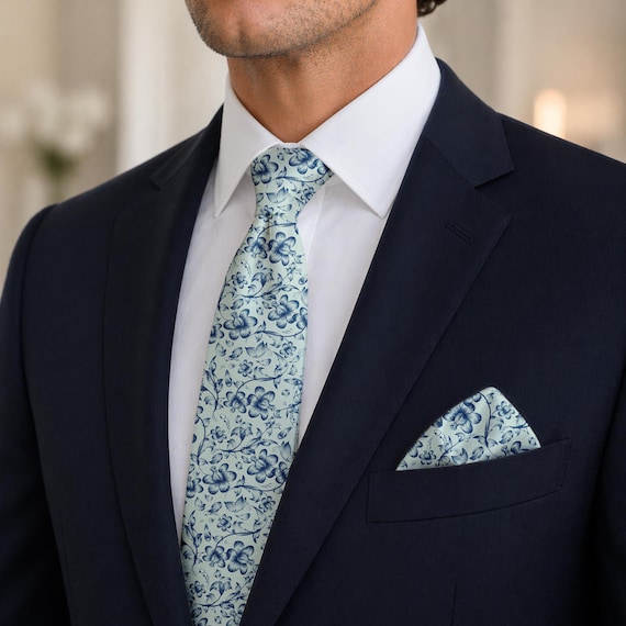 Dusty Sage Navy Floral Tie, Botanical Blue Necktie, Elegant Menswear Accessory, Garden Party Style