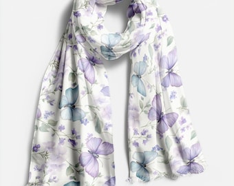 Pastel Butterfly Floral Scarf, Lightweight Spring Pashmina, Lavender Blue Boho Wrap, Romantic Botanical Shawl