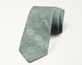 Agave Green Floral Tie, Muted Dusty Green Necktie, Floral Wedding Tie, Groom and Groomsmen Accessories