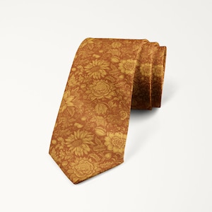 Paprika Marigold Floral Tie, Burnt Orange Necktie, Rust Wedding Tie, Groom And Groomsmen Accessories