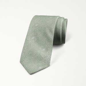 Light Sage Green Tie With Lace Mandala Pattern, Dusty Sage Floral Wedding Tie, Groom and Groomsmen Tie