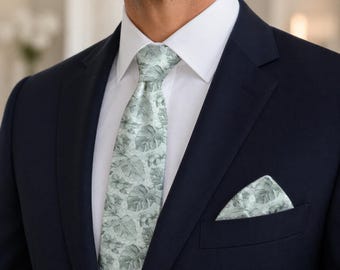 May include: A necktie and matching pocket square featuring a light sage green background with a repeating pattern of dark green monstera leaves. The set is worn with a crisp white collared shirt and a dark navy blue suit jacket with notched lapels.