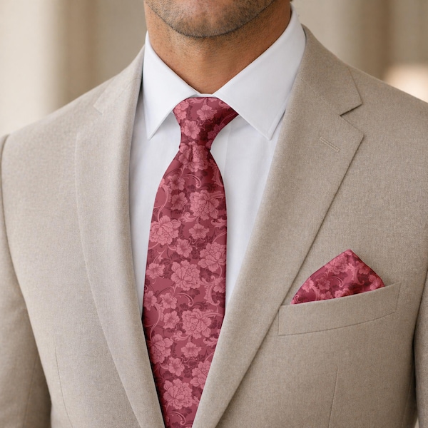 Cinnamon Rose Floral Tie, Dusty Pink Botanical Necktie, Romantic Menswear, Garden Party Tie, Gift for Him