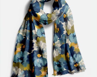 Blue Floral Pashmina Scarf, Watercolor Flower Wrap, Elegant Fall Shawl, Soft Lightweight Scarf for Women, Gift for Her