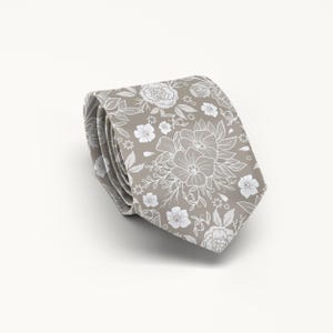 Taupe Ivory Floral Tie, Neutral Wedding Tie, Groom And Groomsmen Accessories
