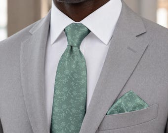 Eucalyptus Green Floral Tie, Botanical Necktie, Sage Green Menswear Accessory, Subtle Pattern Tie, Wedding Groom Gift