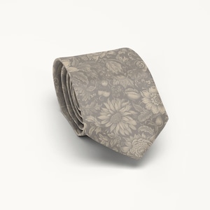Taupe Champagne Floral Tie, Pale Brown-Gray Neutral Tie, Wedding Tie For Groom And Groomsmen