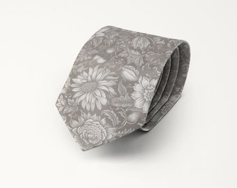 Taupe Ivory Floral Tie, Neutral Floral Wedding Tie, Groom And Groomsmen Accessories