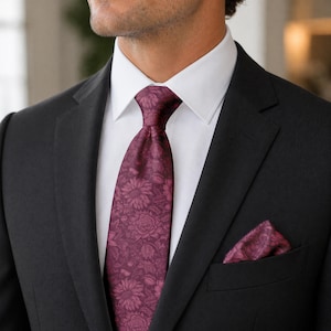 May include: A black suit with a white dress shirt, a burgundy floral patterned tie, and a matching pocket square. The tie and pocket square feature a detailed floral design.
