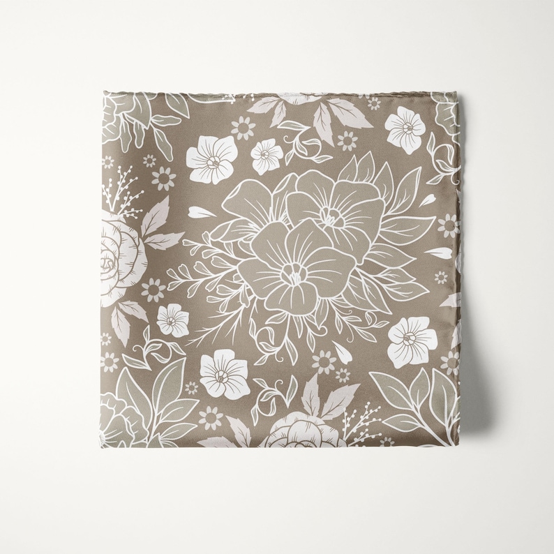 Taupe Ivory Floral Pocket Square, Wedding Handkerchief For Groom And Groomsmen image 2