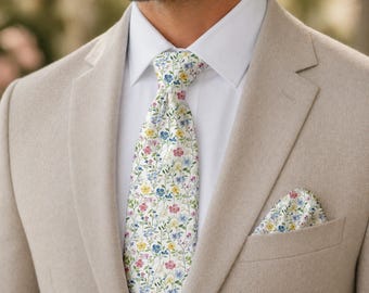 Summer Meadow Floral Tie, Pastel Wildflower Necktie, Botanical Wedding Accessory, Garden Party Menswear, Gift for Him