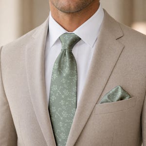 Light Dusty Sage Green Tie, Vintage Botanical Necktie, Elegant Floral Menswear, Garden Wedding Accessory