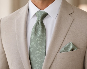Light Dusty Sage Green Tie, Vintage Botanical Necktie, Elegant Floral Menswear, Garden Wedding Accessory