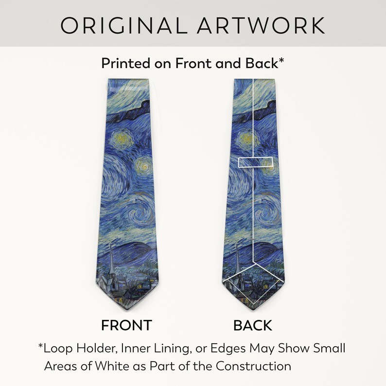 K&ouml;nnte beinhalten: Eine Krawatte mit dem Gem&auml;lde "Sternennacht" von Van Gogh, beidseitig bedruckt. Die Krawatte hat eine blaue und gelbe Farbgebung. Der Text "ORIGINAL ARTWORK" steht oben. Der Text "Printed on Front and Back" ist ebenfalls sichtbar.