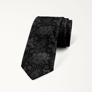 Black Gray Floral Wedding Tie, Necktie For Groom, Groomsmen, Father Of The Bride
