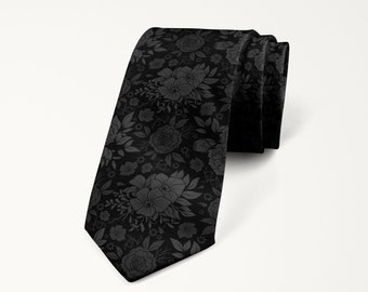 Black Gray Floral Wedding Tie, Necktie For Groom, Groomsmen, Father Of The Bride