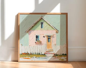 Folkart Vintage Pastel Pink Cottage Painting: Spring Landscape Art (Digital Download)