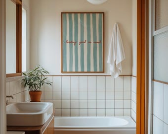 Looking Good As Usual Print: Blue Green Striped Bathroom Art, Vanity Decor (Digital Download)