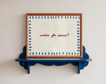 Impresión neutra para pared de cocina dibujada a mano: ¿Qué hay para cenar? Arte azul y rojo (descarga digital, horizontal)