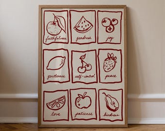 Fruits of the Spirit Art Print: Handdrawn Red Christian Decor (Digital Download)