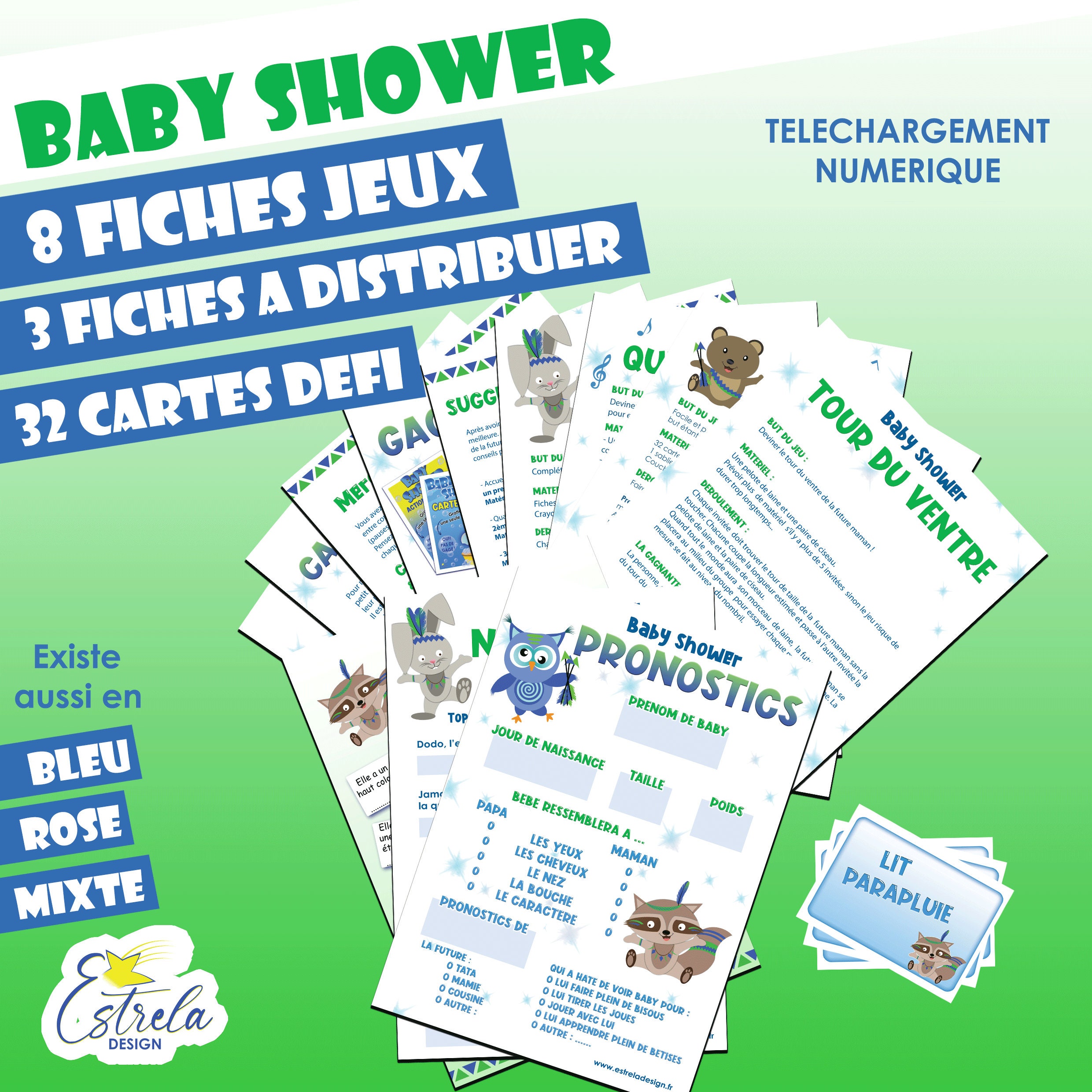 Jeux BABY SHOWER en français Animation fête prénatale, Baby Shower Games |  Estrela Design